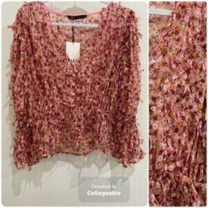 New Zara Feminine Fringe Top Puff Sleeve Colorful  Artsy Coquette V Neck